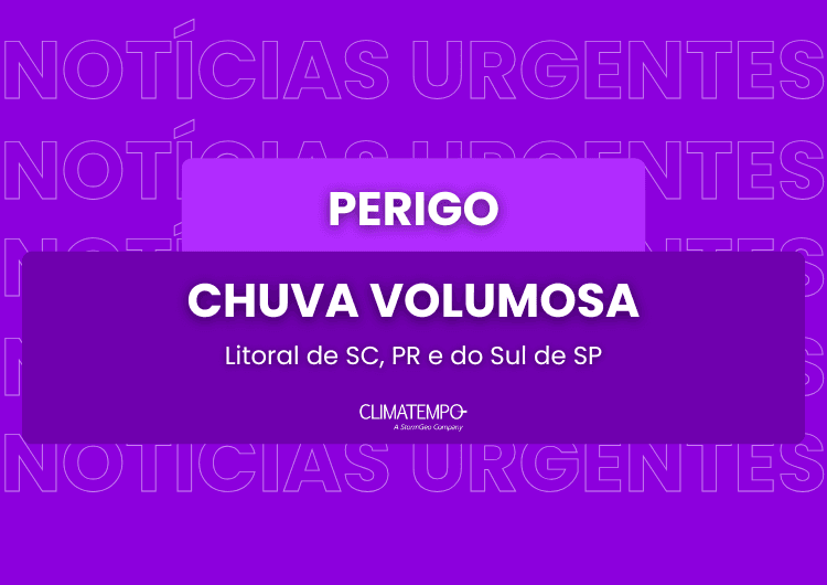 Imagem do alerta Chuva muito volumosa no litoral de SC, PR e sul de SP até segunda-feira (23/2) Imagem do alerta Chuva muito volumosa no litoral de SC, PR e sul de SP até segunda-feira (23/2)